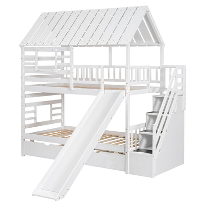 Twin over Twin House Bunk Bed with Trundle and Slide Storage Staircase Roof and Window Design  White
