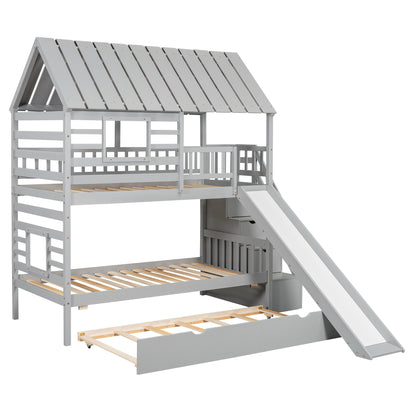 Twin over Twin House Bunk Bed with Trundle and Slide Storage Staircase, Roof and Window Design  Gray