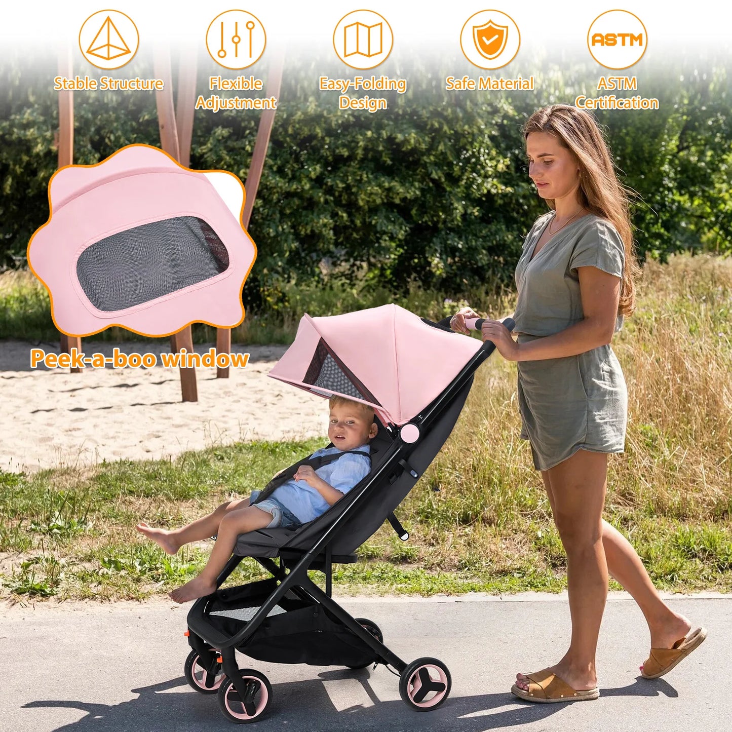 Lightweight Baby Stroller, Compact Umbrella Stroller with Adjustable Canopy/Footrest/Backrest, One-Hand Folding Newborn Stroller