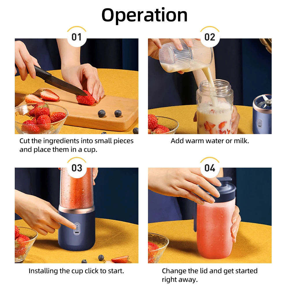 Portable USB Juicer Blender – 6-Blade Smoothie Mixer with 2 Travel Cups